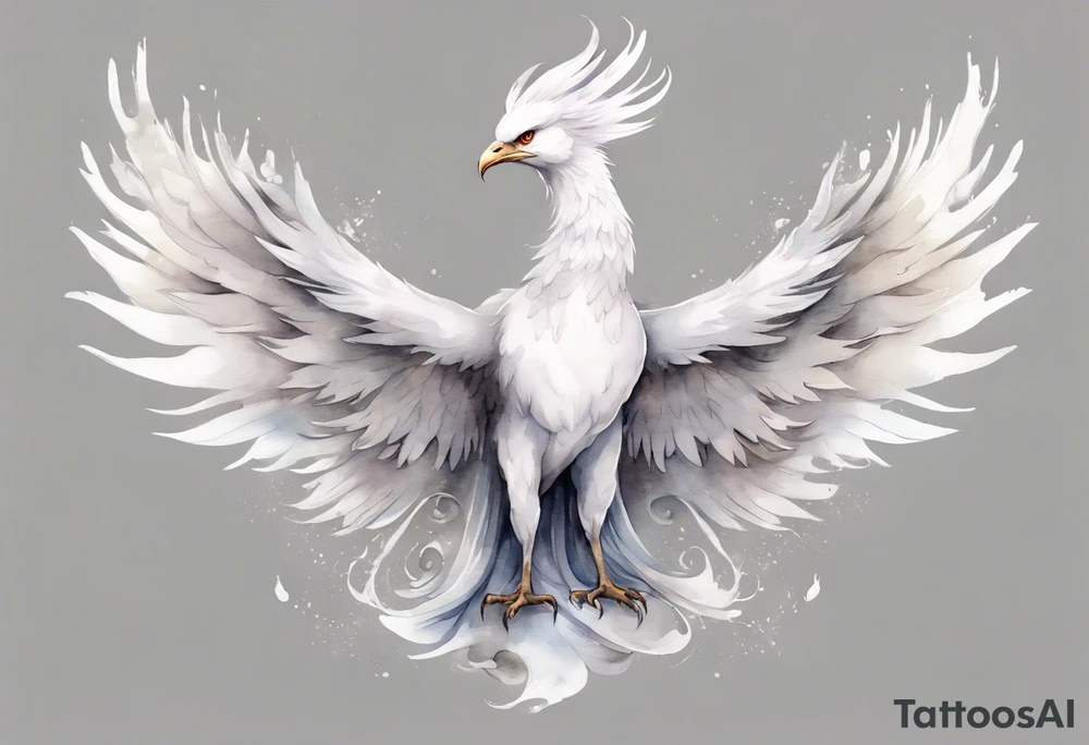a solitary white phoenix wearing a grey crown tattoo idea