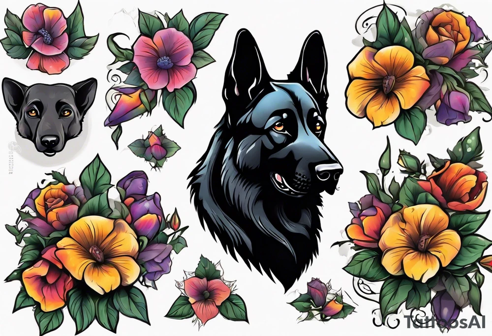 Black German shepherd portrait brightly colored with morning glory tattoo idea