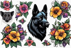 Black German shepherd portrait brightly colored with morning glory tattoo idea