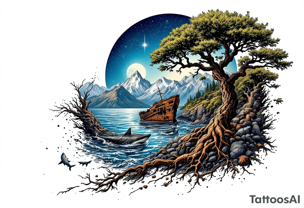 tattoo that has an acacia tree with mountains, ocean with a ship wreck with sharks and the northern star tattoo idea