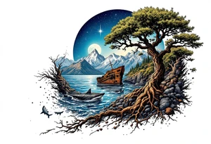 tattoo that has an acacia tree with mountains, ocean with a ship wreck with sharks and the northern star tattoo idea