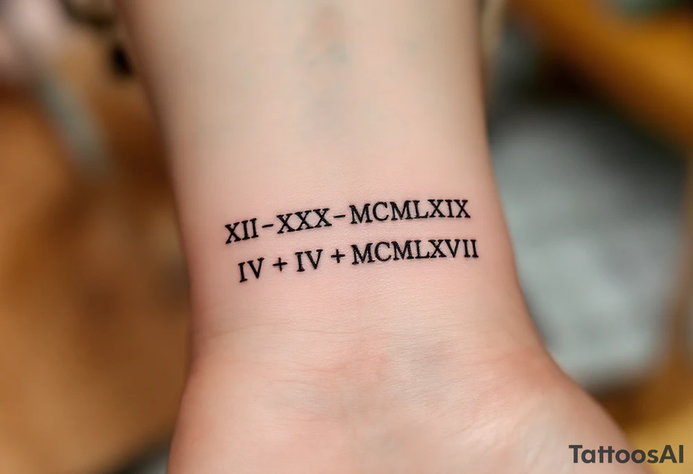 XII•XXX•MCMLXIX + IV•V•MCMLXVII tattoo idea