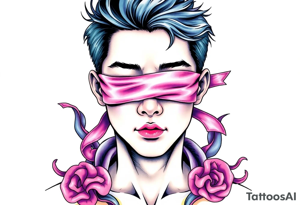 Handsome Asian young guy with 
 eyes covered with a ribbon tattoo idea