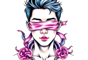 Handsome Asian young guy with 
 eyes covered with a ribbon tattoo idea