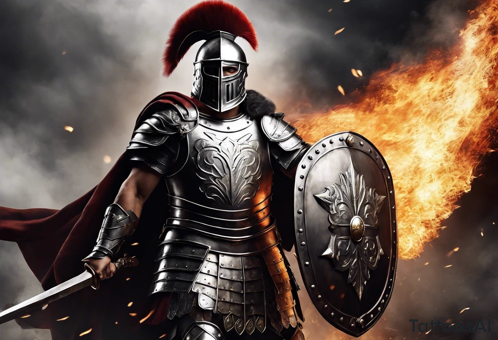 high quality black and white illustration, full body image, a strong tall roman centurion, wearing armour, wearing a belt, wearing a metal breastplate, holding a large shield, wearing a helmet, holding a sword. Flaming arrows are being fired at the centurion, he is blocking the arrows with his shield tattoo idea