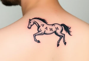 horse silhouette 
from the front which gallops from the front, with the 3 small letters discreetly integrated: L, A, M tattoo idea