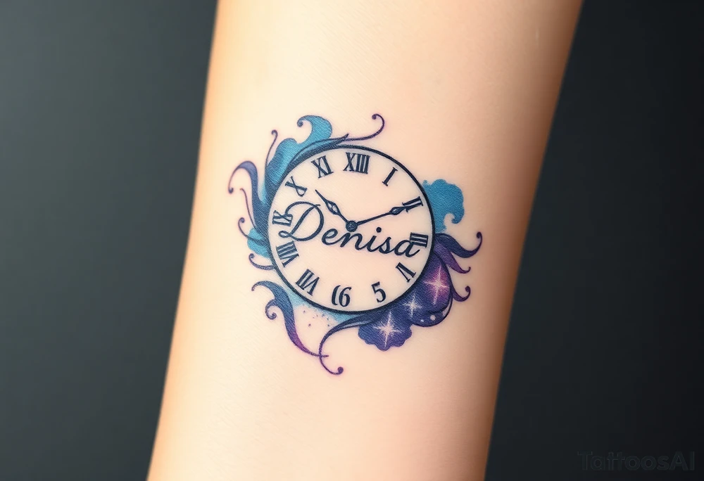 A clock made from swirling galaxies with name "Denisa" and date "08. 06. 2024", symbolizing a love that was destined in the stars, in deep blues, purples, and silver tattoo idea