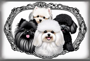 A white Bichon frise with a black pomeranian and a black poodle with the words “MFer 4 Life” tattoo idea