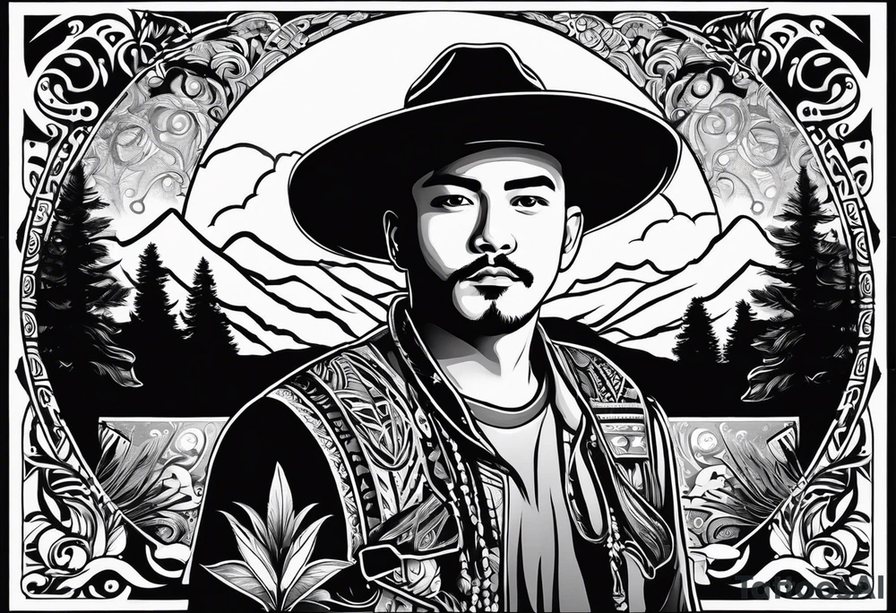 Mexican American inspired that incorporates being a father,  building generational wealth. Include elements of the Pacific Northwest Forrest on shoulder.
Add silhouette of Little boy and little girl tattoo idea