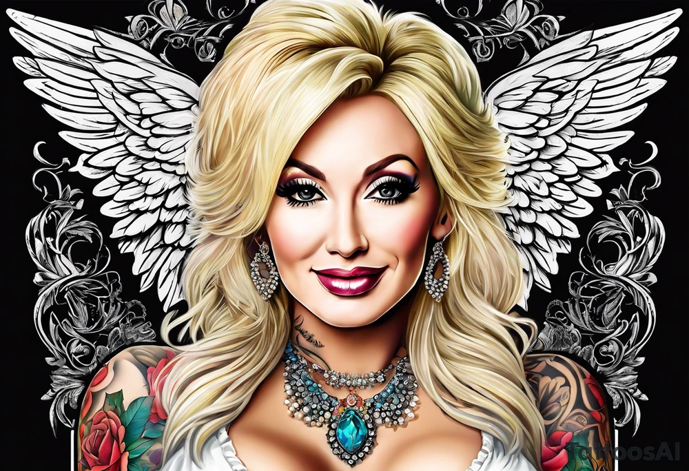 Dolly Parton with angel wings tattoo idea