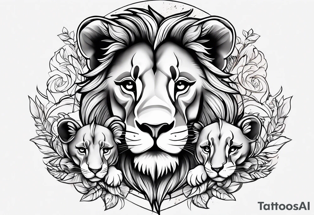 A baby lion next to his mother and another baby lion on his mother’s head tattoo idea