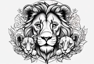 A baby lion next to his mother and another baby lion on his mother’s head tattoo idea