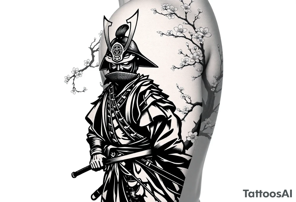 noble samurai warrior silhouette at sunset with cherry blossoms tattoo idea