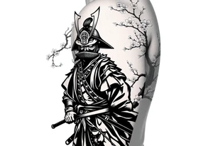 noble samurai warrior silhouette at sunset with cherry blossoms tattoo idea