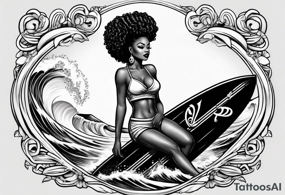 Black woman with natural hair surfing pinup tattoo idea