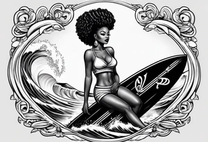 Black woman with natural hair surfing pinup tattoo idea