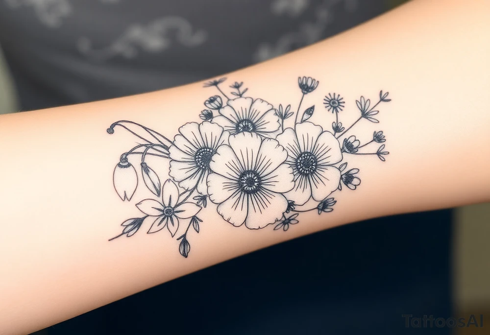 Bouquet of snowdrop, honeysuckle, poppy, aster and cosmos tattoo idea