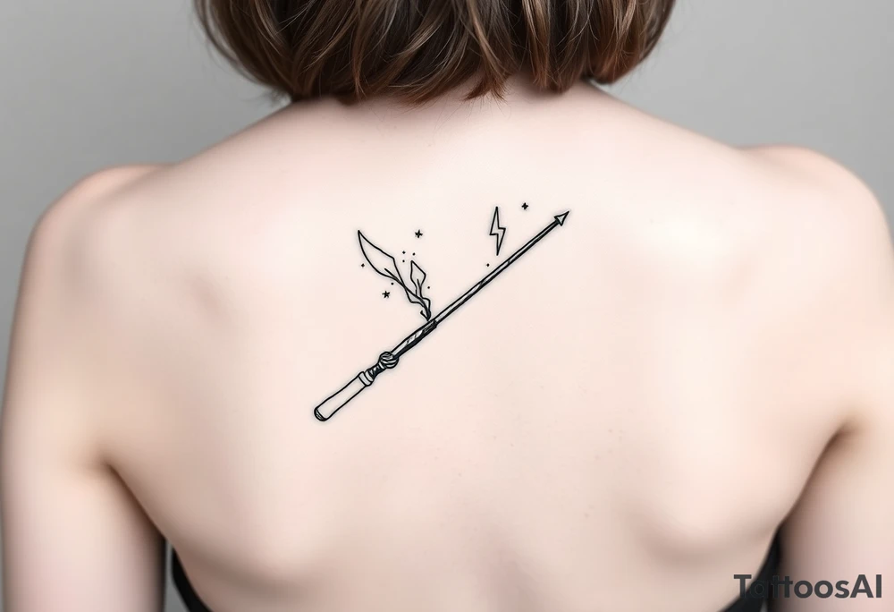 A magic wand (hermione's) with magic dust all around it and a ladybud exiting the wand like a magic spell, and some small detail around it that would do a piggyback on harry poter like a lightning, harry's glasses, the golden snitch etc... tattoo idea
