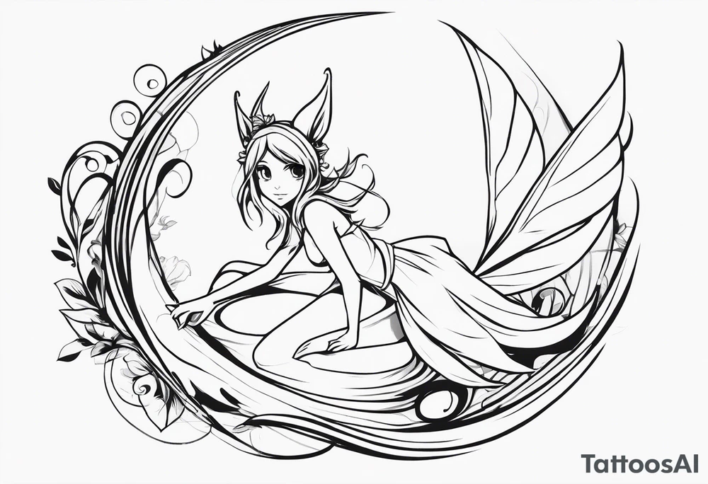 No color sketch of a fairy with a tail inspired by the guild symbol in the anime show called Fairy Tail in a fetal position leaning forward while crawled in and her body is an angle while floating in the air with big wings tattoo idea