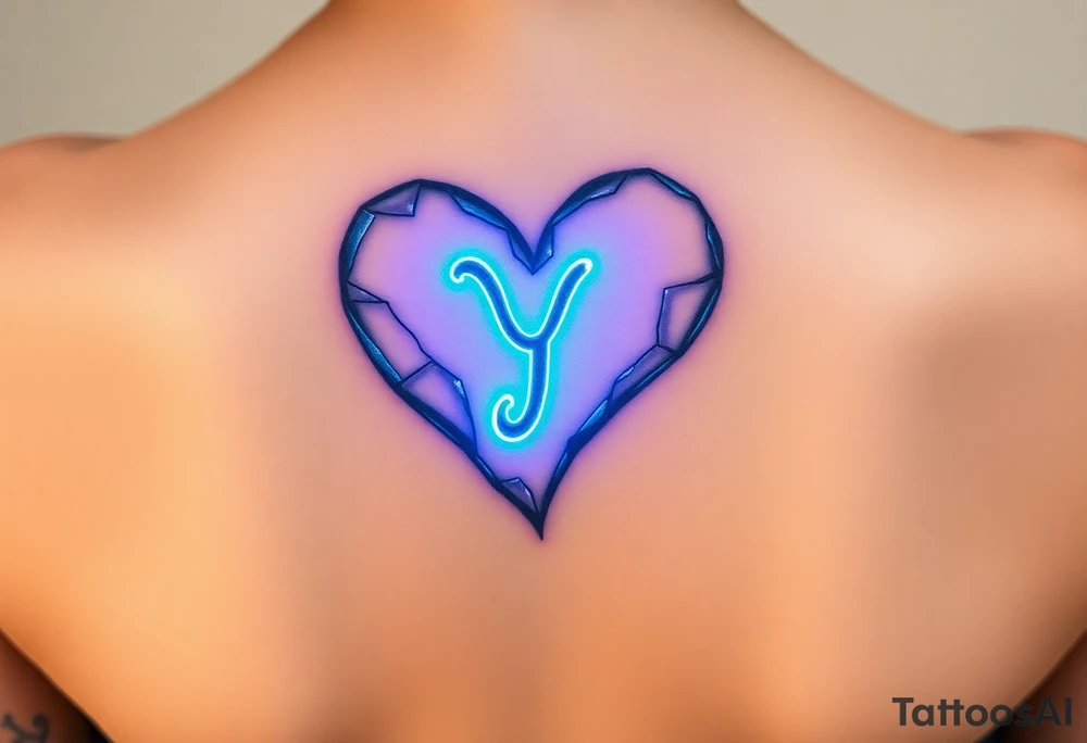 A shattered glass heart with the letter "Y" glowing in neon blue, symbolizing love’s fragility and strength. tattoo idea