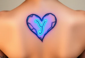 A shattered glass heart with the letter "Y" glowing in neon blue, symbolizing love’s fragility and strength. tattoo idea