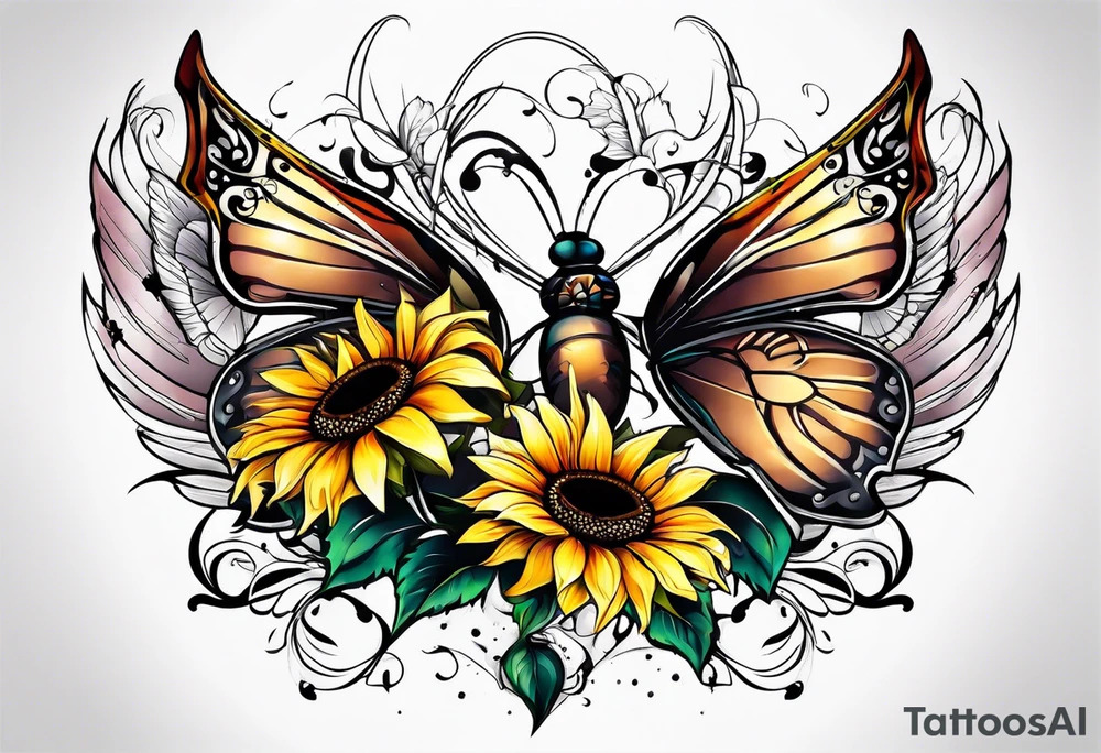 Winged cross with sunflower and butterflies tattoo idea