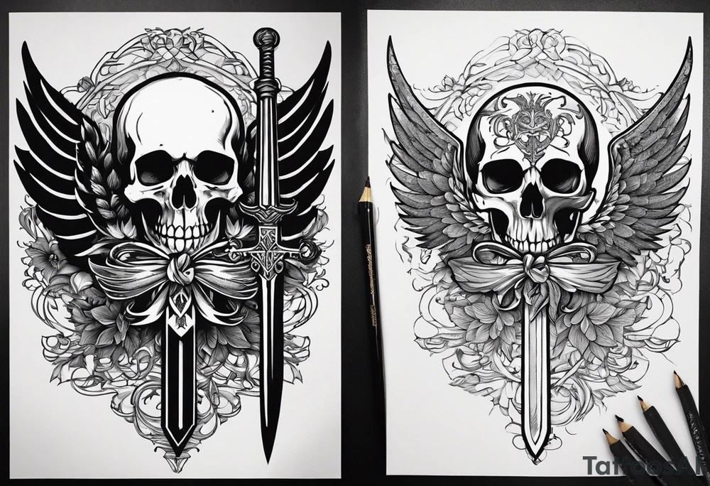 In the center is a half skull pierced by a large sword. On either side of the skull, there are spread angel wings, Beneath the skull is a ribbon with latvian symbols that weaves through both the skull and the sword tattoo idea