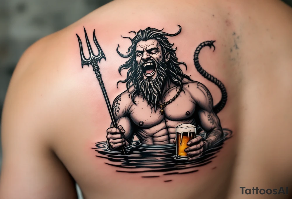 laughing poseidon, with a trident, in calm water, holding a beer tattoo idea