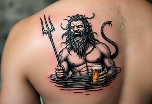 laughing poseidon, with a trident, in calm water, holding a beer tattoo idea