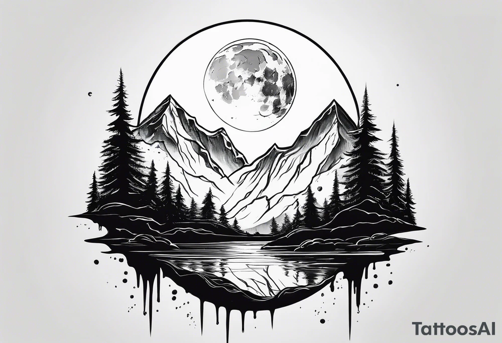 A world that is upside down with Mountains and a Dripping moon tattoo idea