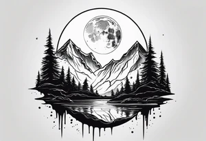 A world that is upside down with Mountains and a Dripping moon tattoo idea