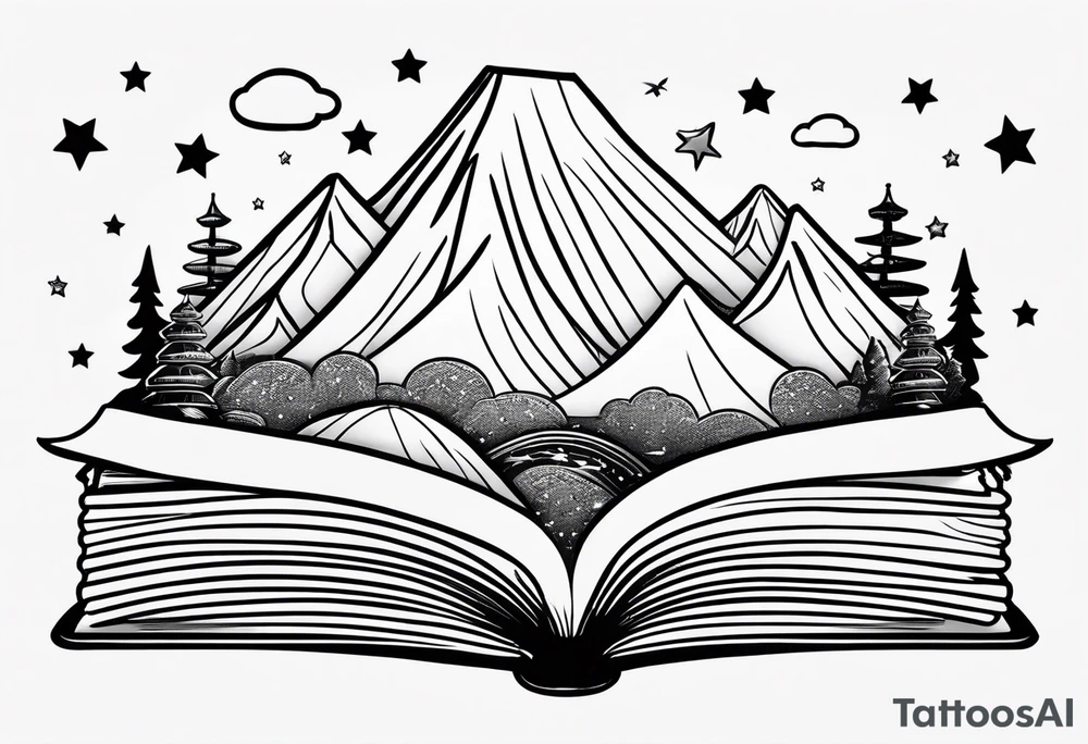 Open book with stars and mountains in a cartoon minimalistic design. Incorporate sushi rolls subtly tattoo idea