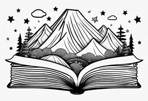 Open book with stars and mountains in a cartoon minimalistic design. Incorporate sushi rolls subtly tattoo idea