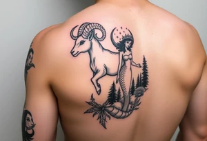 color tattoo, on the shoulder and forearm in the Neo-Traditional style: zodiac sign Aries, a majestic ram with horns curled upwards, a beautiful mermaid and a forest around with a starry sky tattoo idea