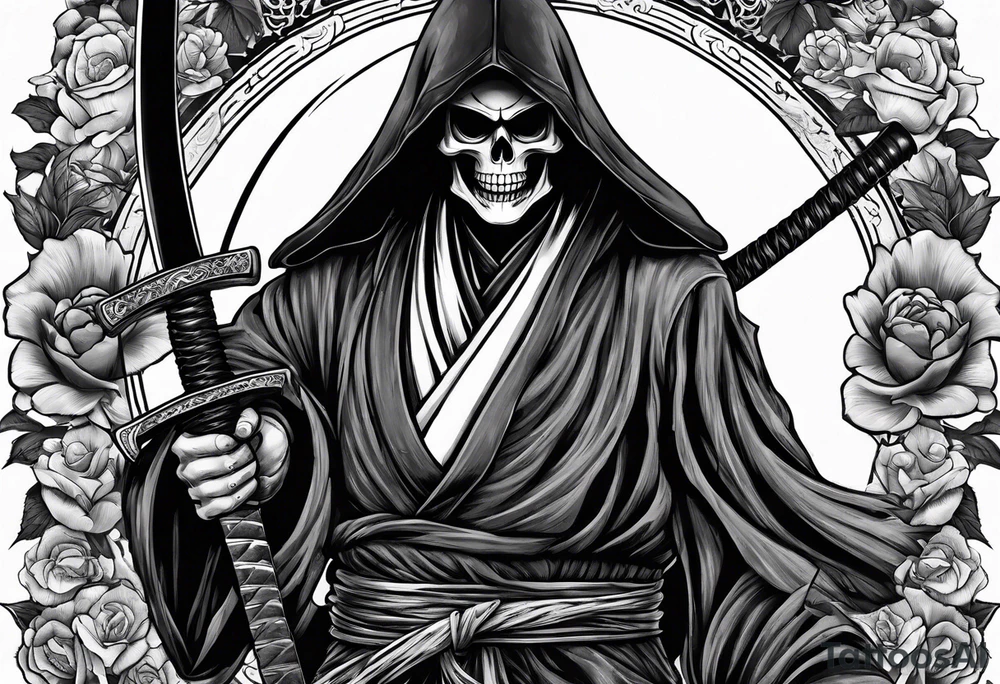 katana with grim reaper and skull tattoo idea