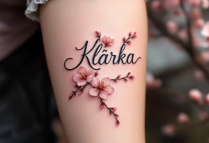 Klárka in delicate script, surrounded by cherry blossom petals in soft pink. tattoo idea