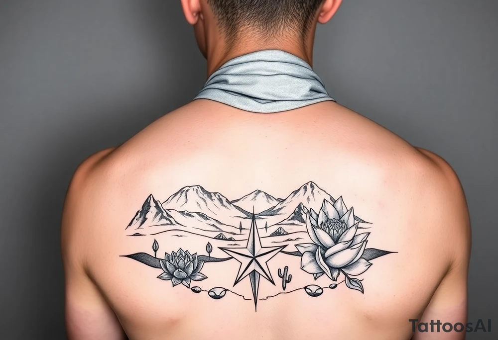 Arab woman with hijab looking over mountains in the desert with Texas lone star and lotus flower tattoo idea