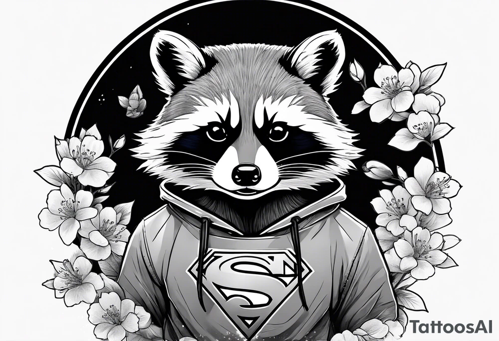 Raccoon wearing a Superman hoodie and Japanese cherry blossoms tattoo idea