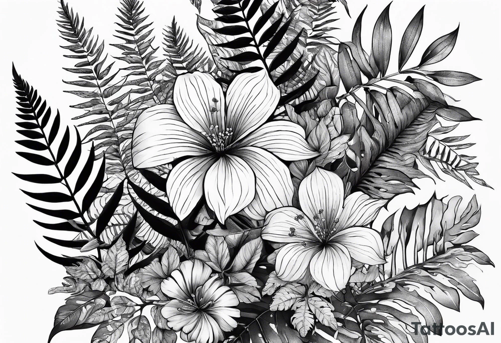 Fern leaf and flower tattoo idea