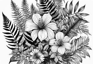 Fern leaf and flower tattoo idea