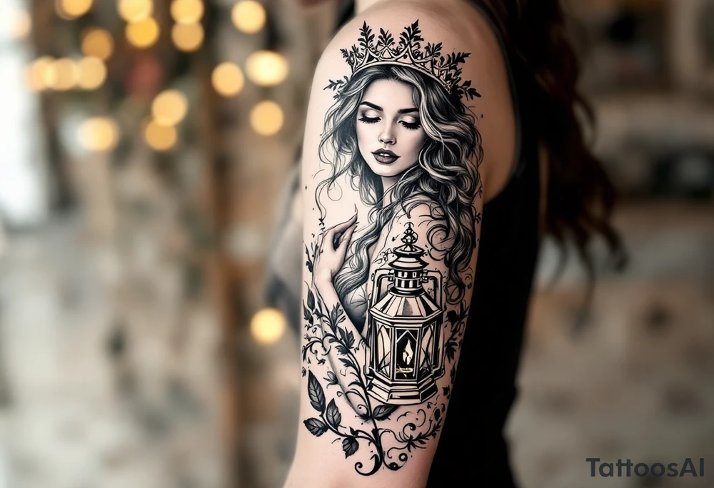 woman with crown an lantern tattoo idea