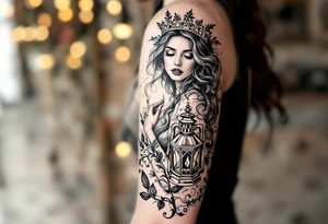 woman with crown an lantern tattoo idea