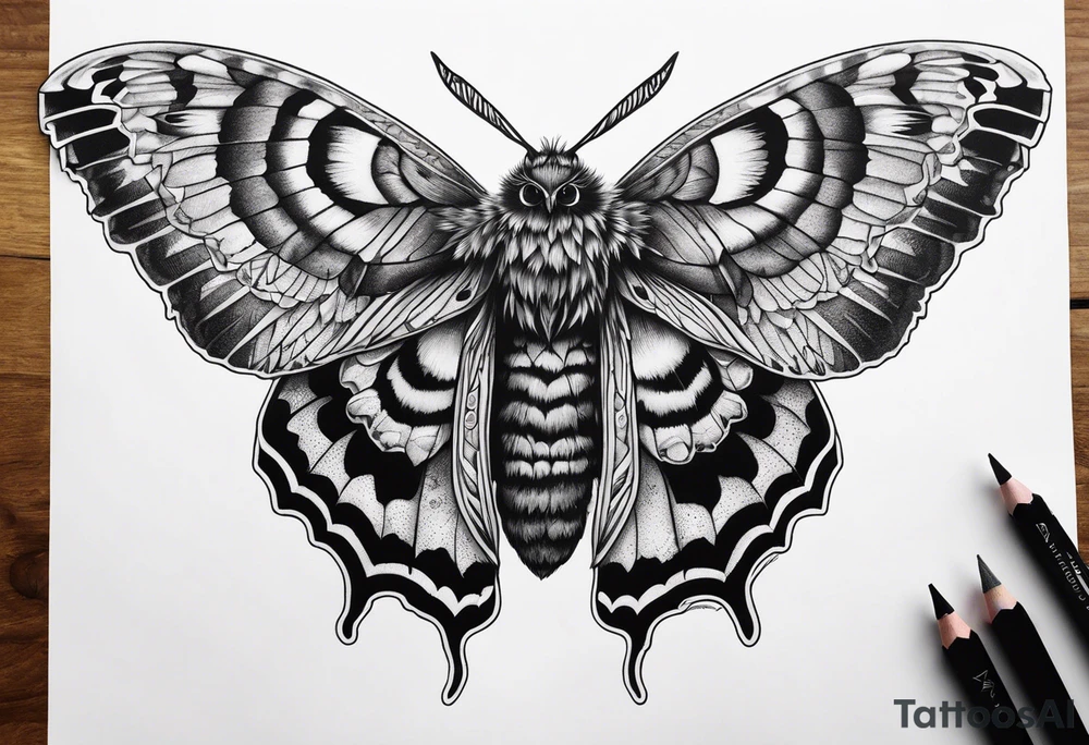 Dead head moth with long wings and owl eyes tattoo idea