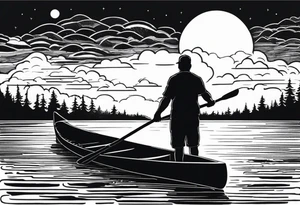 pictured from behind, average sized silhouette man with arms fully extended straight out to the side at chest level, standing on top of modestly sized canoe on the water with a sun above his head. tattoo idea