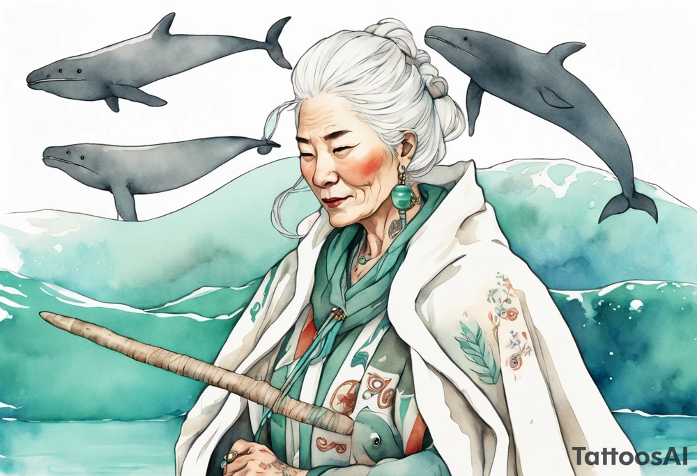 a 45-year-old Sami woman with white  hair wearing a white and mint cloak swimming with a narwhal tattoo idea