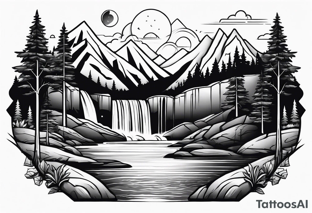 waterfall going into a river with a camp site in Australia tattoo idea