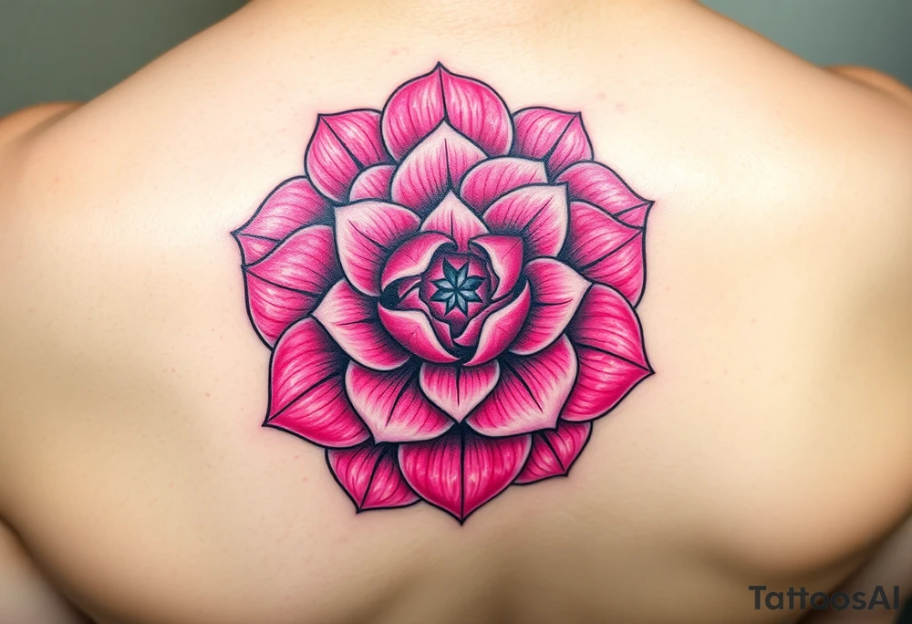 The pink rose blooms in a mesmerizing display of symmetry, its delicate petals unfolding in a kaleidoscope of repeating patterns, where soft blush and vibrant magenta hues seamlessly blend, creating an intricate, fractal-like illusion that shifts and transforms with every glance on a hand tattoo tattoo idea