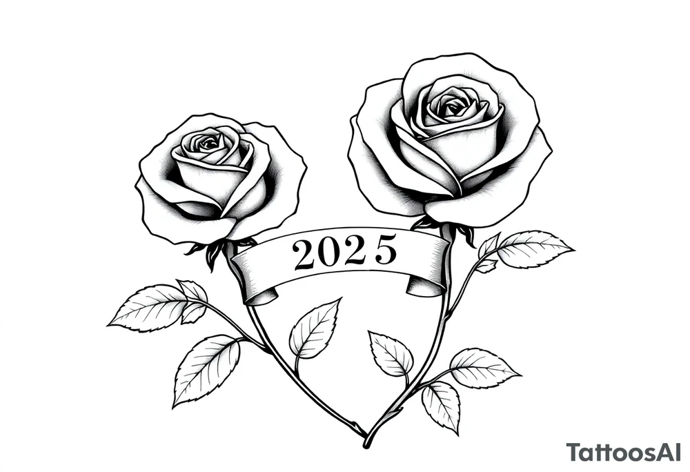 two beautiful large rose buds, one larger than the other, with many leaves next to the rose buds, with one sitting higher than the other. Include a banner connecting the two roses with the year "2025" on it.   Use dark outlines with little shading. The two stems should be short, not long, and connect and join into one stem, whimsically curved or twisted - not straight down. tattoo idea