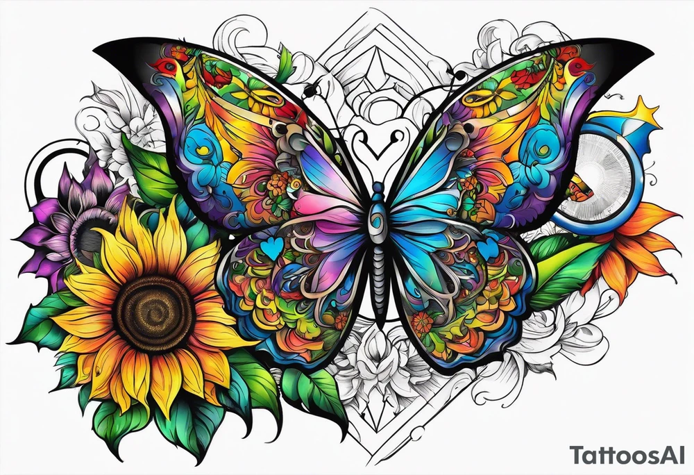 arm sleeve with winged cross, rainbow sunflowers and butterflies tattoo idea