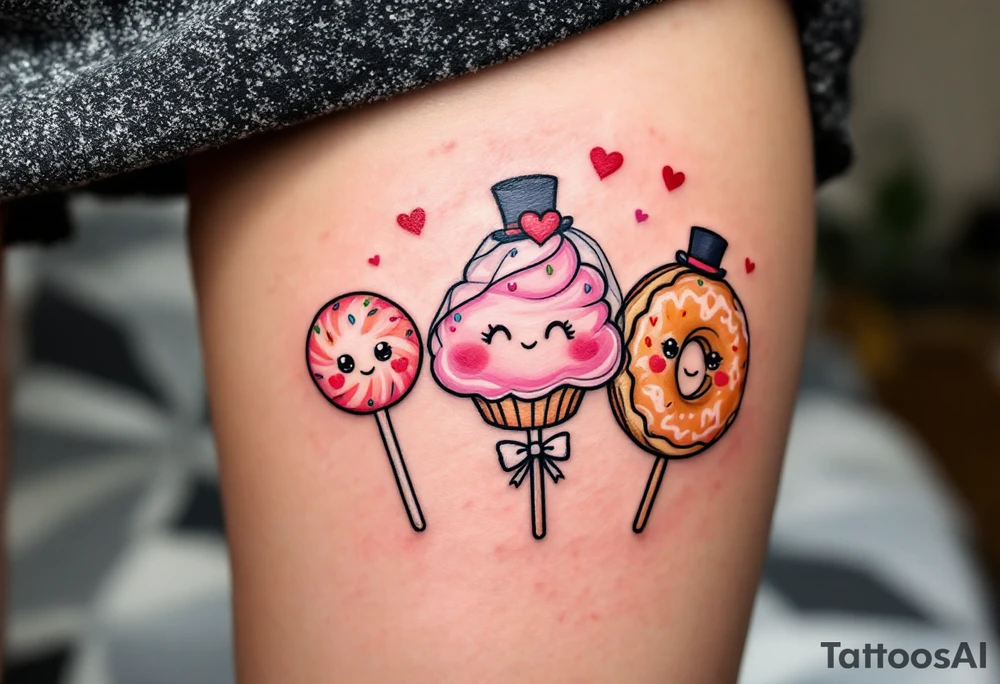 A playful cupcake, a lolipop, and a donut, each with a little top hat, veil, and bow tie, representing a sweet love story. tattoo idea